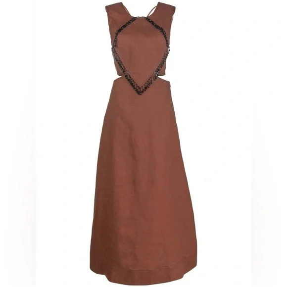 Ganni Hemp Maxi Dress with Beaded Trim Rootbeer Brown - Picture 2 of 16